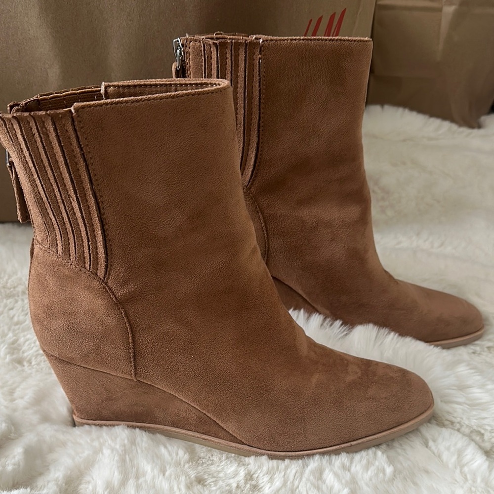 Tan Suede Wedge Ankle Boots